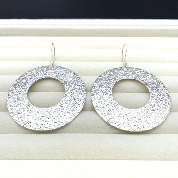 Silver Cut Out Round Floral Embossed Textured Open Hoop Dangling Hook Earrings - Picture 4 of 8